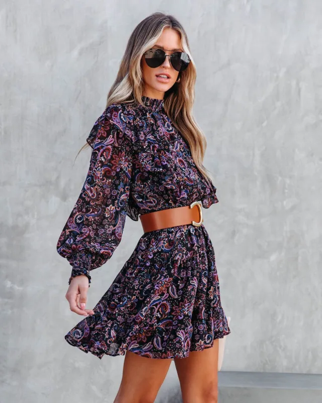 Parksville Paisley Ruffle Mini Dress sold by Vici
