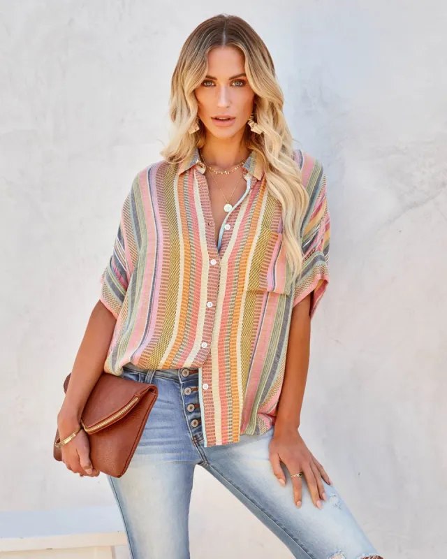 Camille Striped Woven Button Down Top sold by Vici