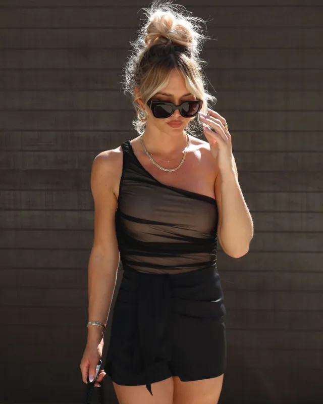 Chaz One Shoulder Ruched Mesh Bodysuit - Black - FINAL SALE sold by Vici