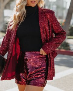 Festive Flair Sequin High Rise Shorts - Burgundy - FINAL SALE sold by Vici