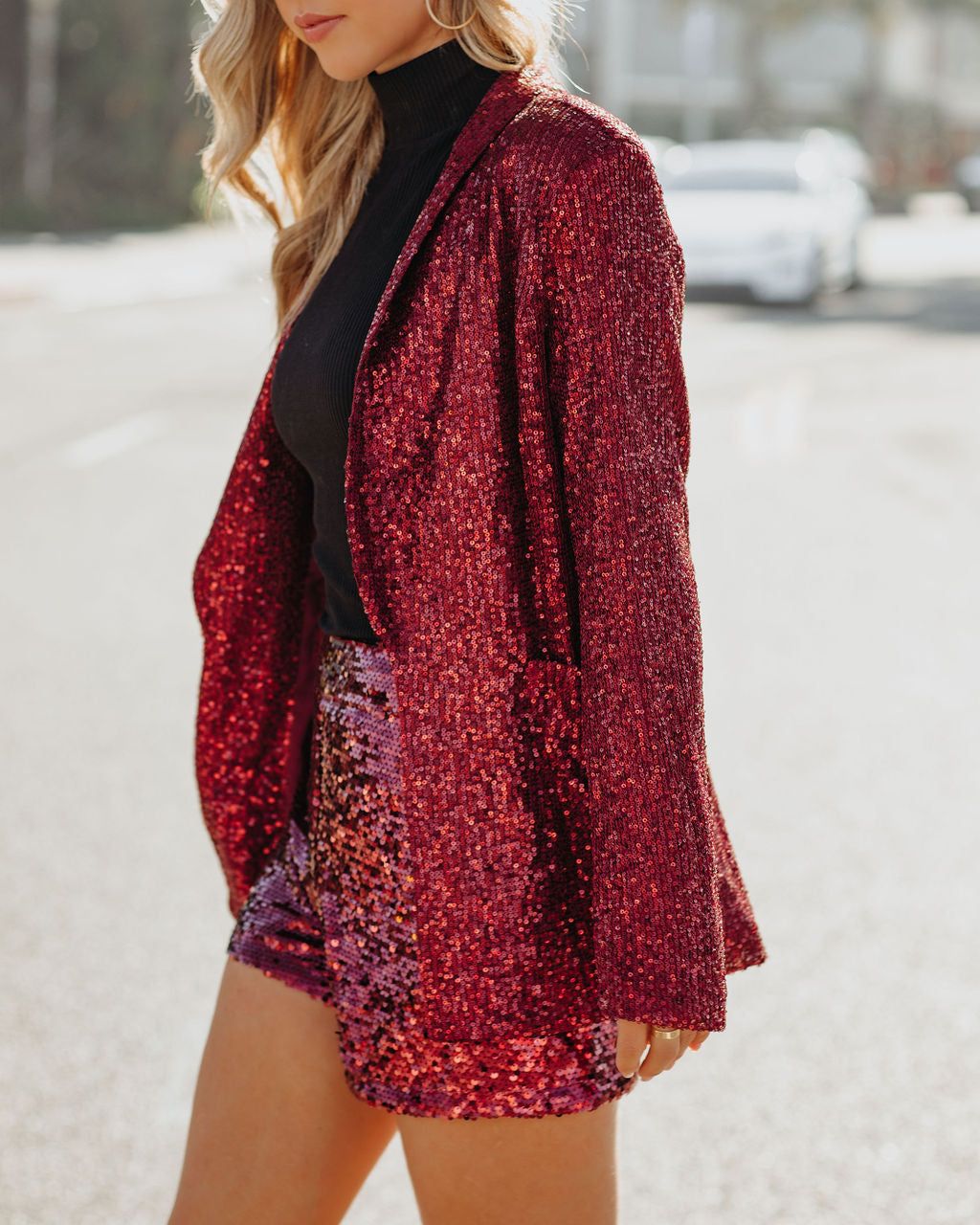Festive Flair Sequin High Rise Shorts - Burgundy - FINAL SALE sold by Vici product image thumbnail 9