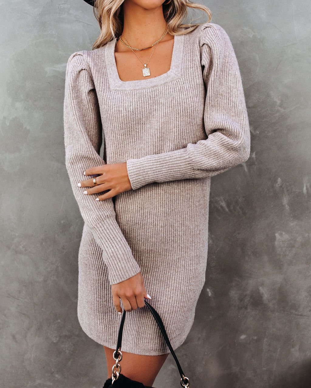 Sapphire Ribbed Square Neck Sweater Dress - Taupe - FINAL SALE sold by Vici product image thumbnail 3