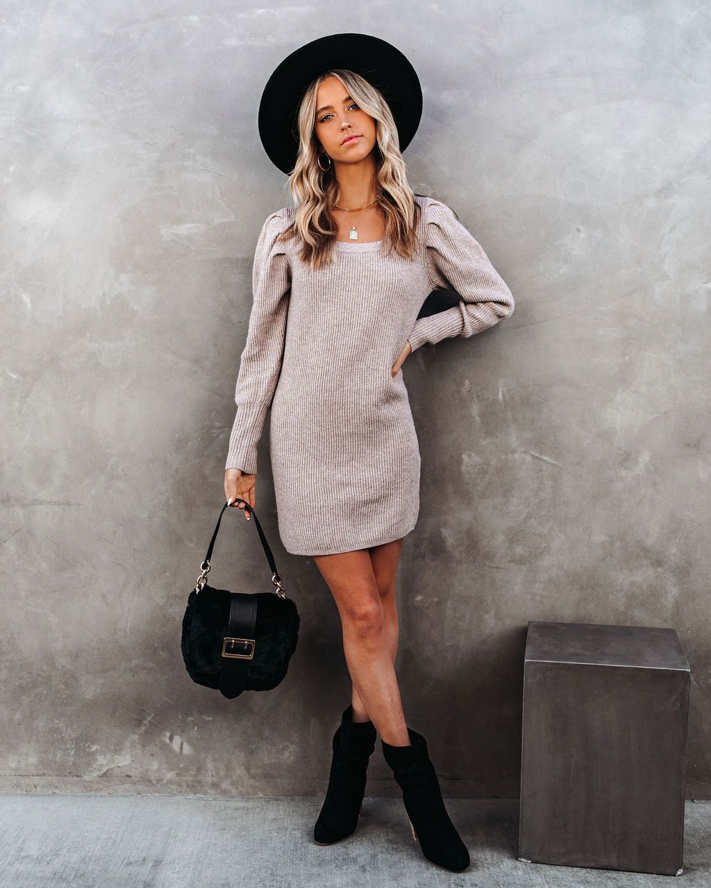 Sapphire Ribbed Square Neck Sweater Dress - Taupe - FINAL SALE sold by Vici