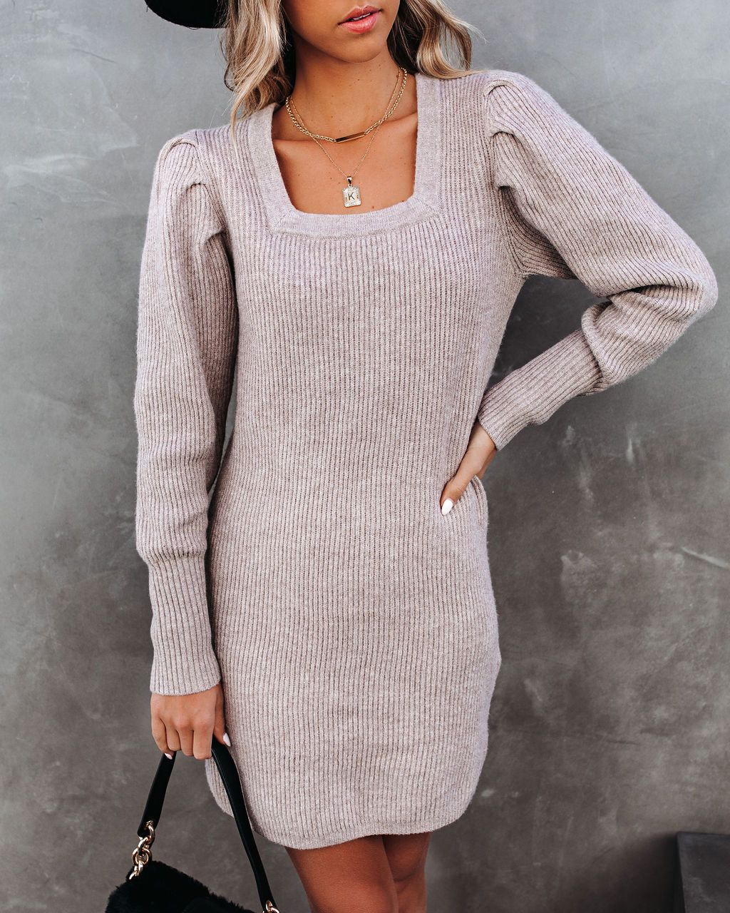Sapphire Ribbed Square Neck Sweater Dress - Taupe - FINAL SALE sold by Vici product image thumbnail 7