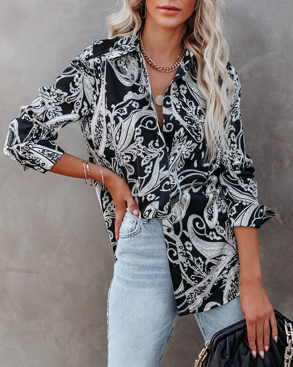 Silverton Satin Paisley Button Down Top - Black - FINAL SALE sold by Vici