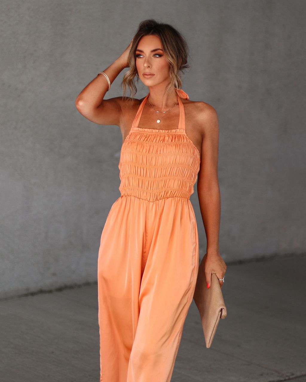 Aria Satin Smocked Pocketed Jumpsuit sold by Vici product image thumbnail 3