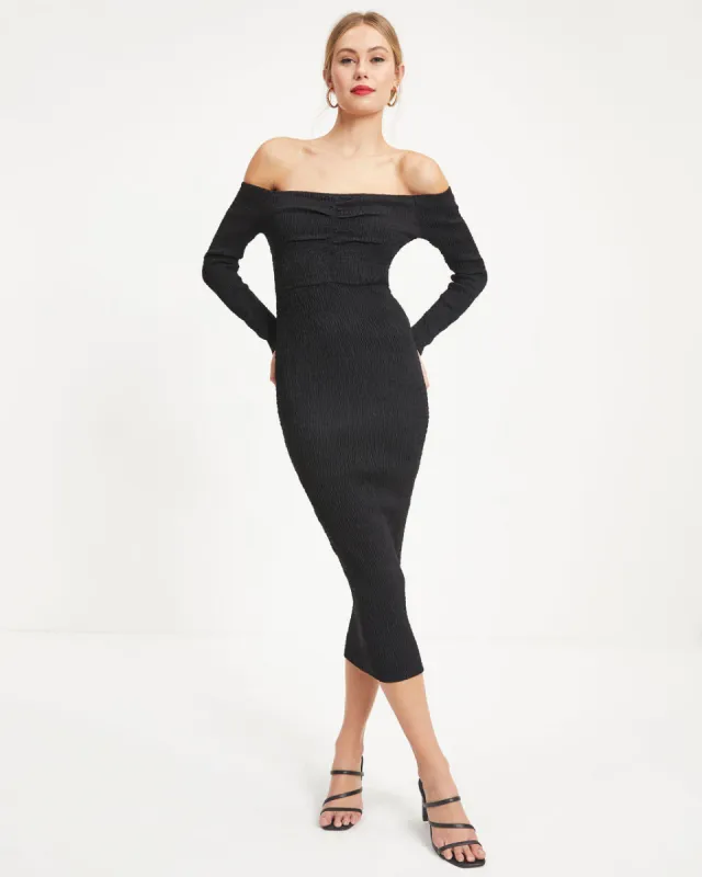 Terryn Off The Shoulder Smocked Midi Dress sold by Vici