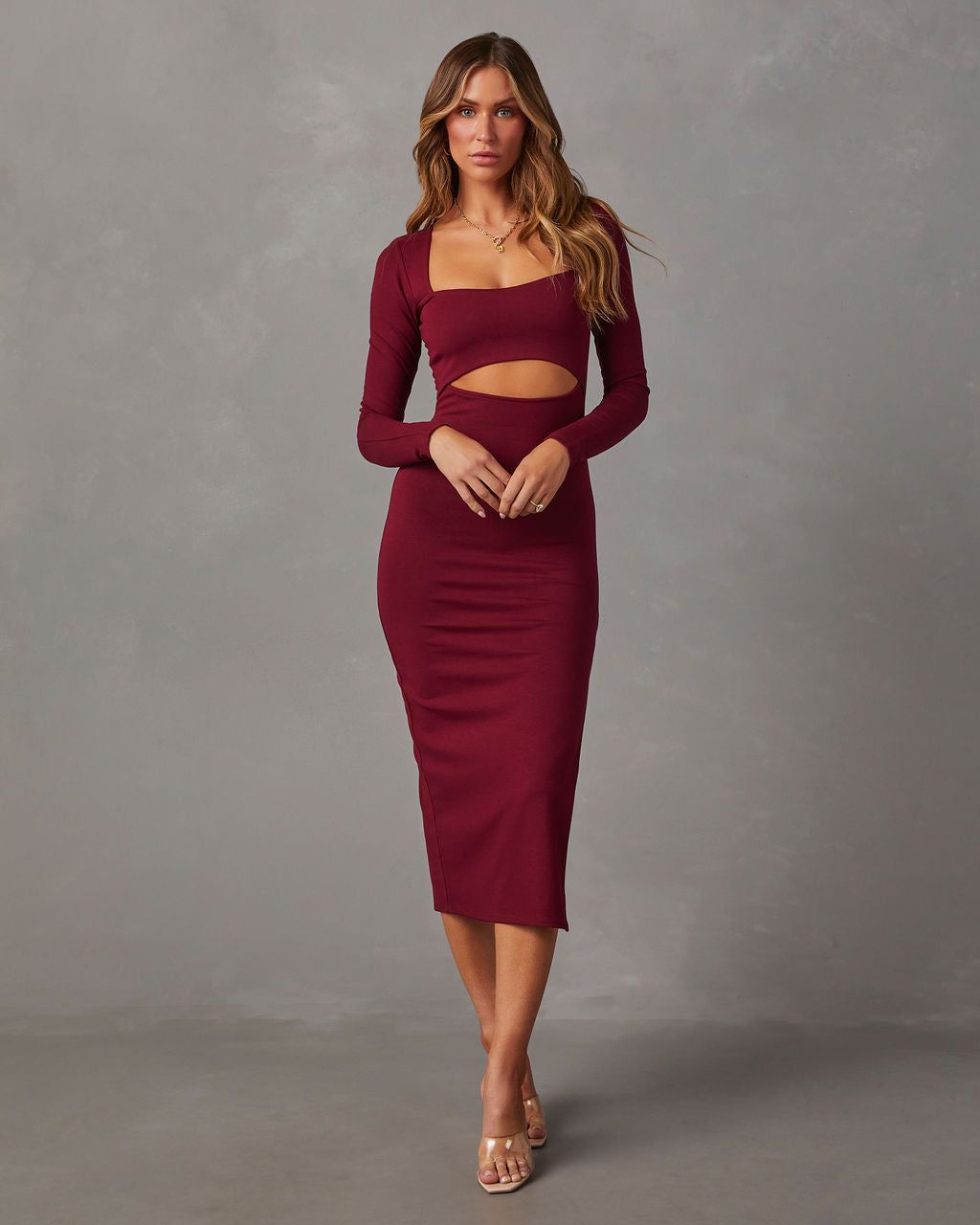 Giselle Cutout Long Sleeve Midi Dress - Merlot sold by Vici product image thumbnail 6