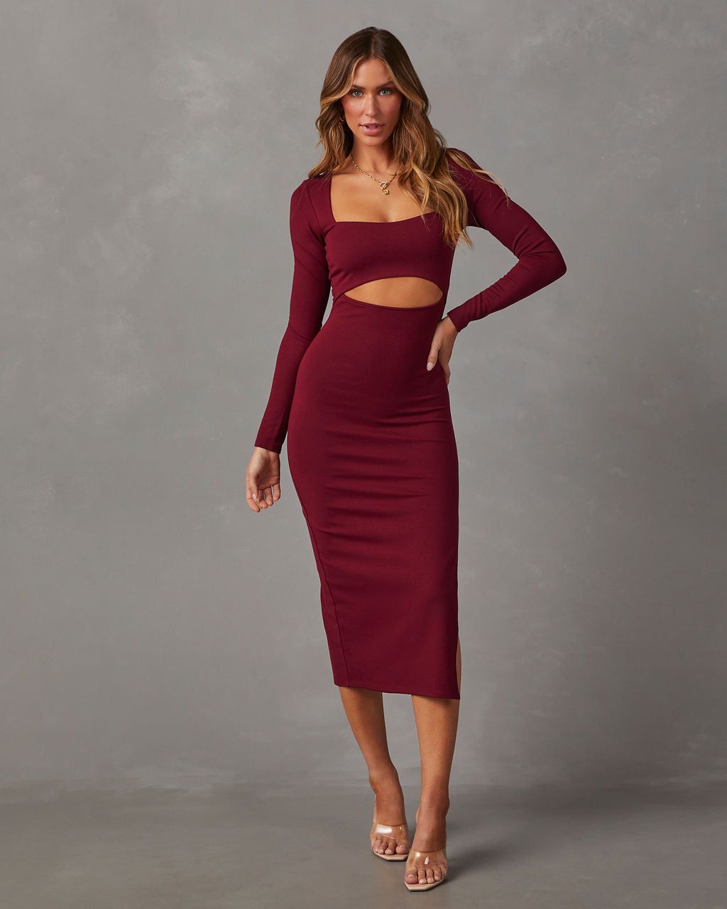 Giselle Cutout Long Sleeve Midi Dress - Merlot sold by Vici