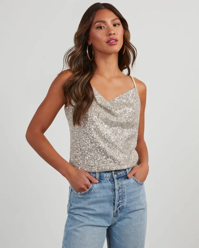 Diamond Girl Sequin Cowl Neck Top sold by Vici