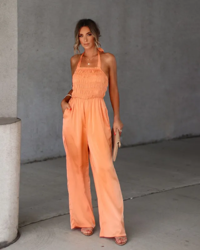 Aria Satin Smocked Pocketed Jumpsuit sold by Vici
