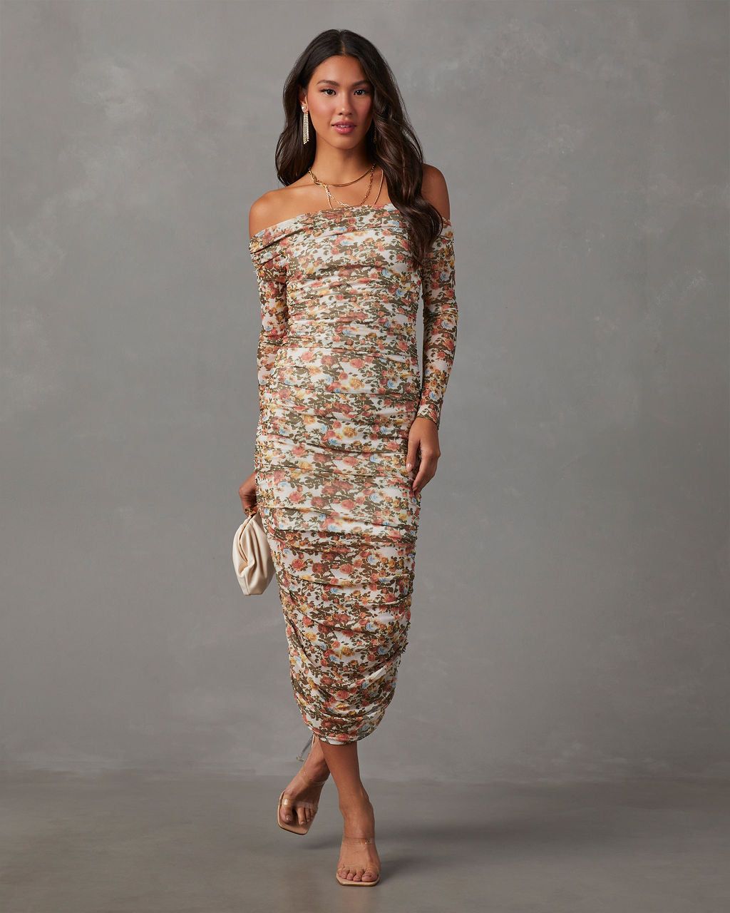 Desiato Floral Off The Shoulder Midi Dress - Nude sold by Vici product image thumbnail 6