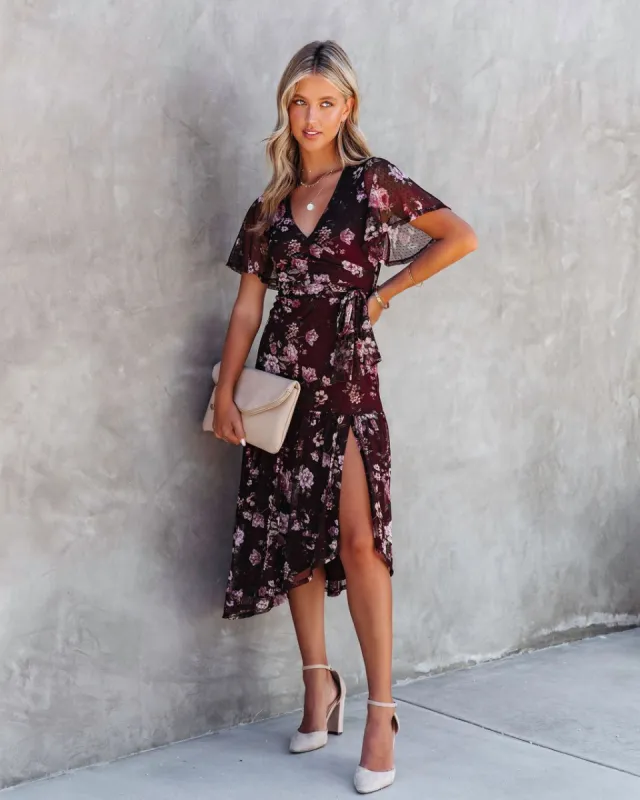 Fallen Romance Floral Ruffle Midi Dress sold by Vici