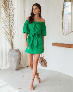 Kelly Anne Off The Shoulder Waist Tie Mini Dress - Green - FINAL SALE sold by Vici