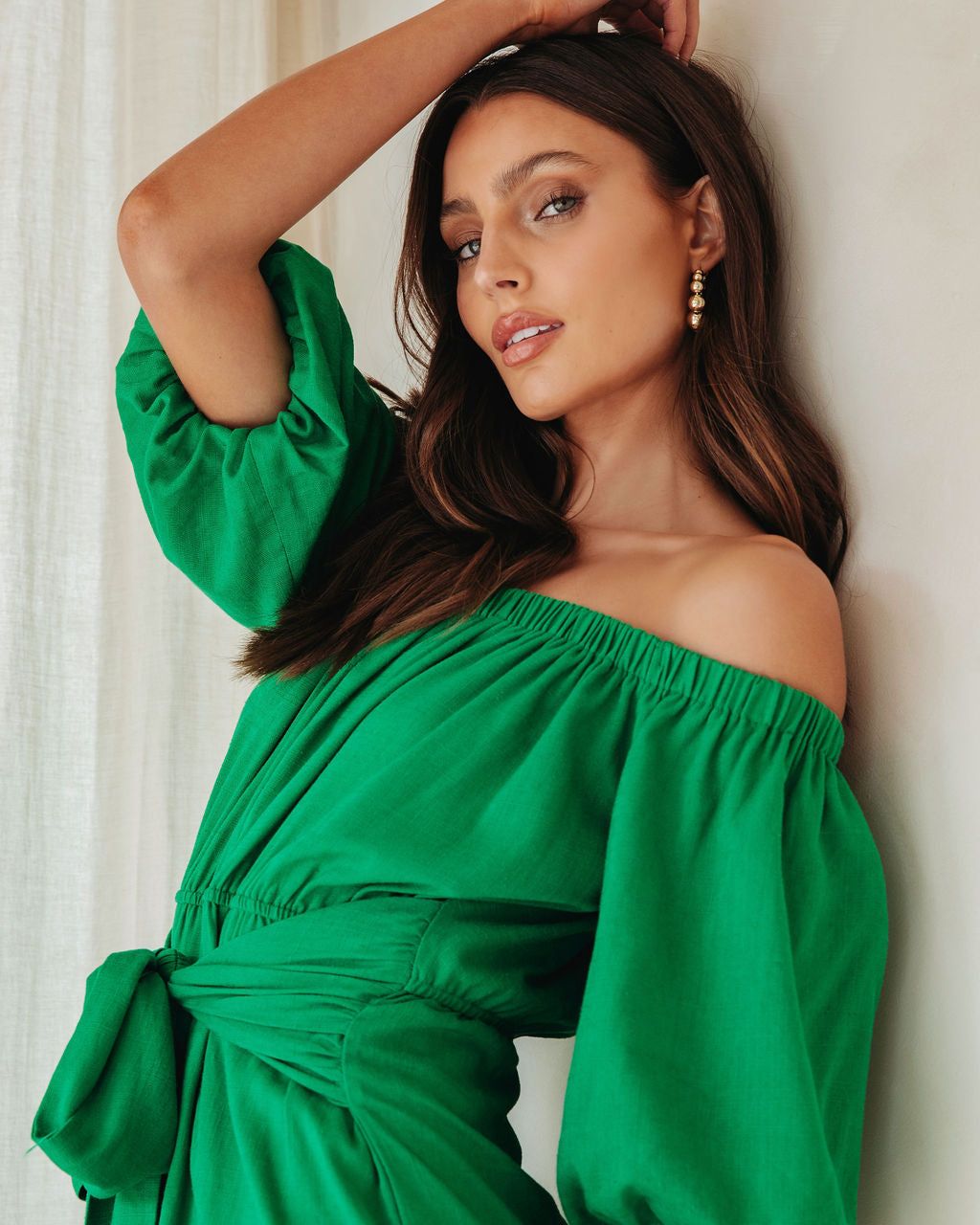 Kelly Anne Off The Shoulder Waist Tie Mini Dress - Green - FINAL SALE sold by Vici product image thumbnail 2