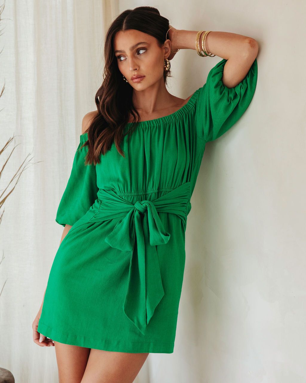 Kelly Anne Off The Shoulder Waist Tie Mini Dress - Green - FINAL SALE sold by Vici product image thumbnail 7
