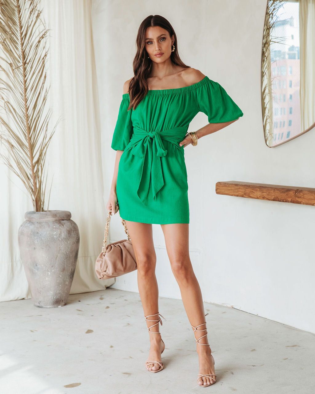 Kelly Anne Off The Shoulder Waist Tie Mini Dress - Green - FINAL SALE sold by Vici product image thumbnail 3