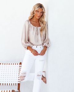 Everly Satin Drawstring Blouse - Champagne - LAST CHANCE sold by Vici