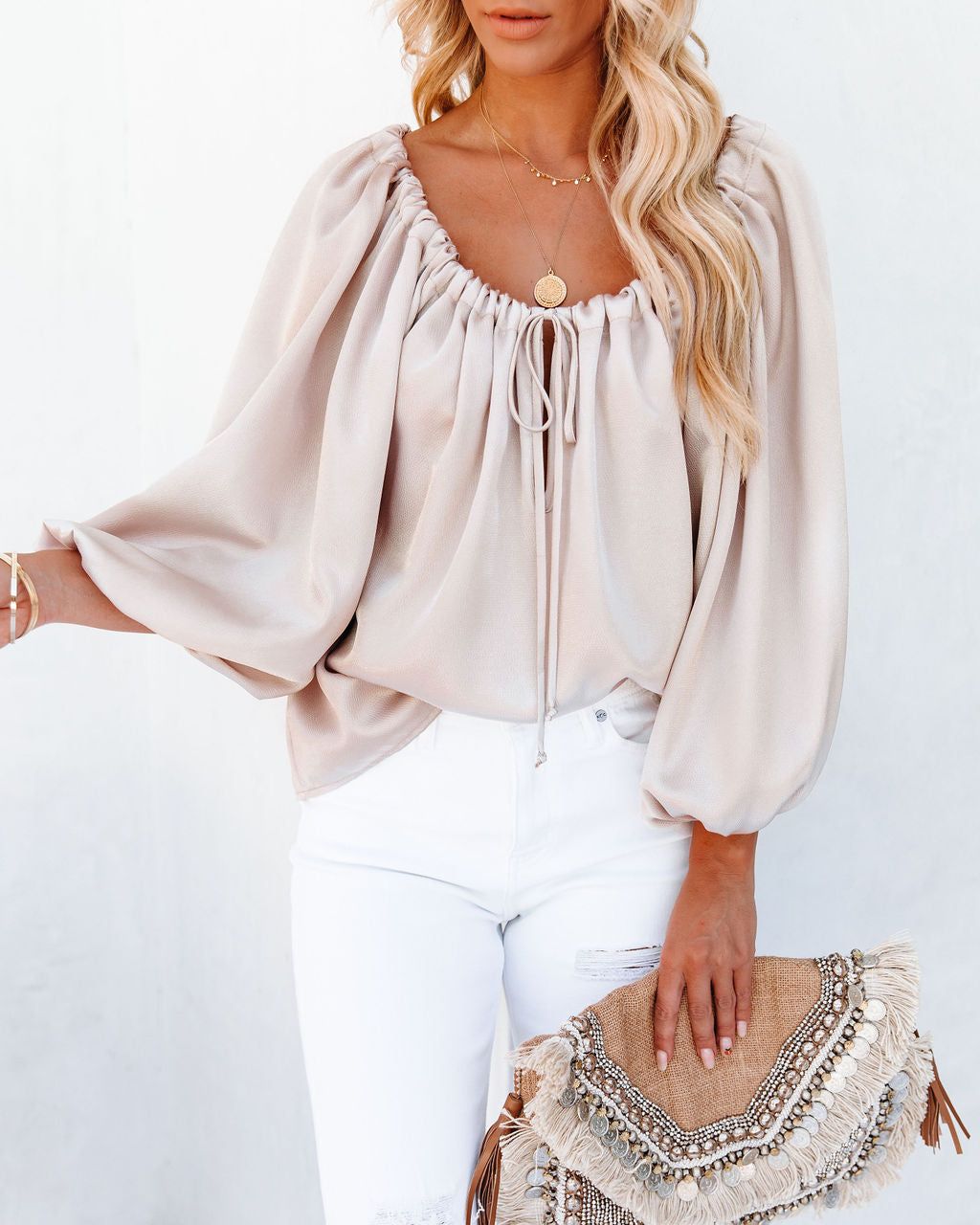 Everly Satin Drawstring Blouse - Champagne - LAST CHANCE sold by Vici product image thumbnail 10