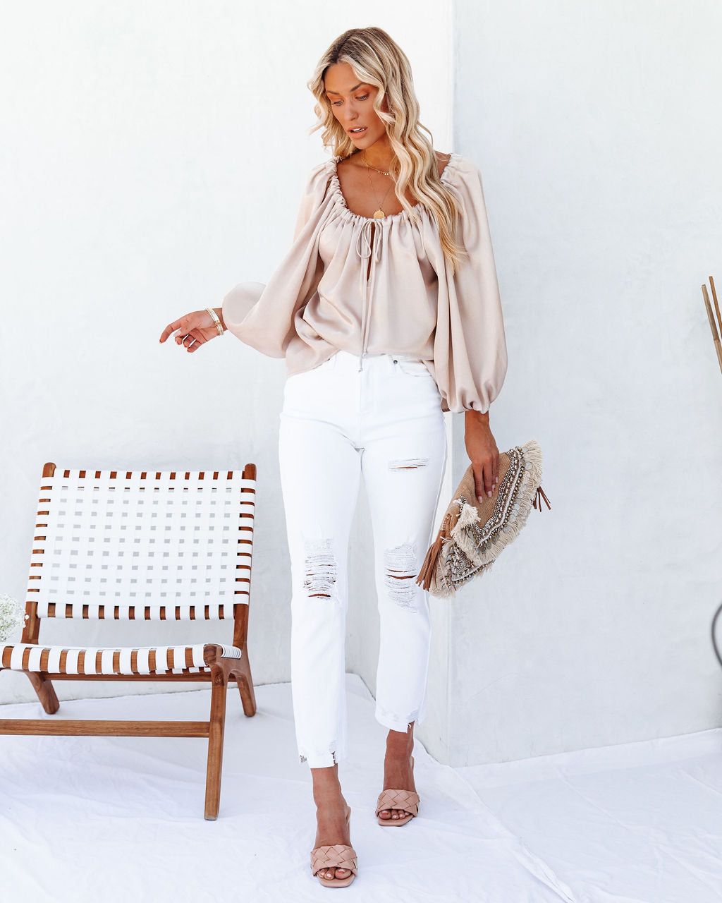 Everly Satin Drawstring Blouse - Champagne - LAST CHANCE sold by Vici product image thumbnail 6