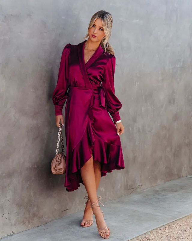 Anniversary Satin Wrap Midi Dress - Merlot - FINAL SALE sold by Vici