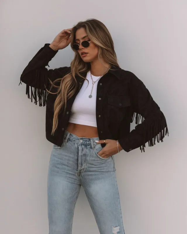Daron Cropped Fringe Faux Suede Jacket - Black - FINAL SALE sold by Vici