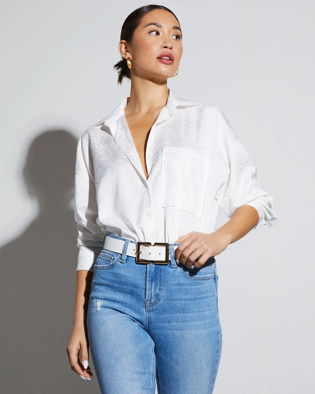 Sherlyn Satin Embossed Button Down Top sold by Vici