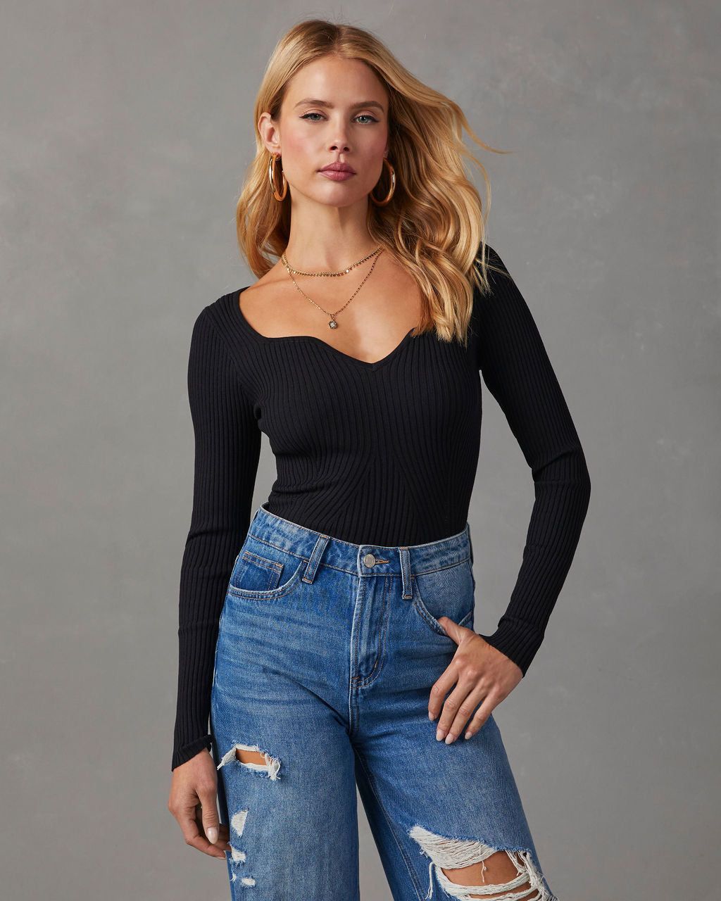 Marcey Ribbed Long Sleeve Top - Black sold by Vici