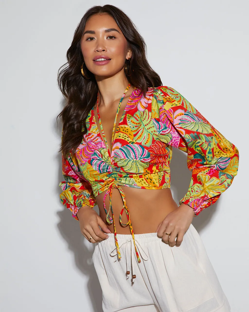 Kama Tropical Ruched Long Sleeve Top sold by Vici