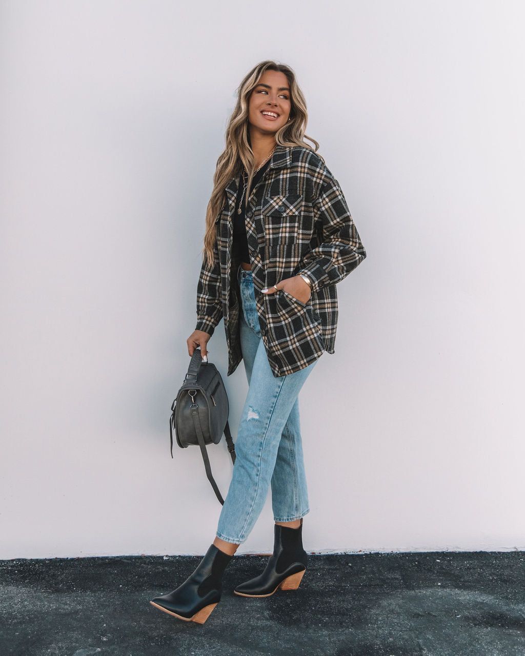 Hearst Pocketed Plaid Button Down Shacket - Charcoal - FINAL SALE sold by Vici