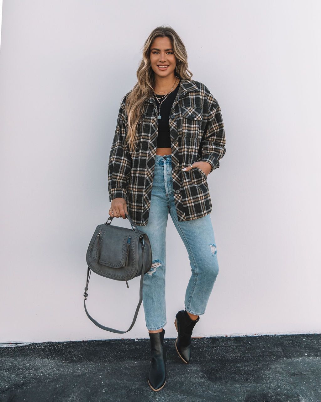 Hearst Pocketed Plaid Button Down Shacket - Charcoal - FINAL SALE sold by Vici product image thumbnail 5