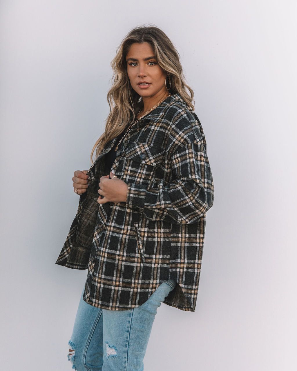 Hearst Pocketed Plaid Button Down Shacket - Charcoal - FINAL SALE sold by Vici product image thumbnail 10