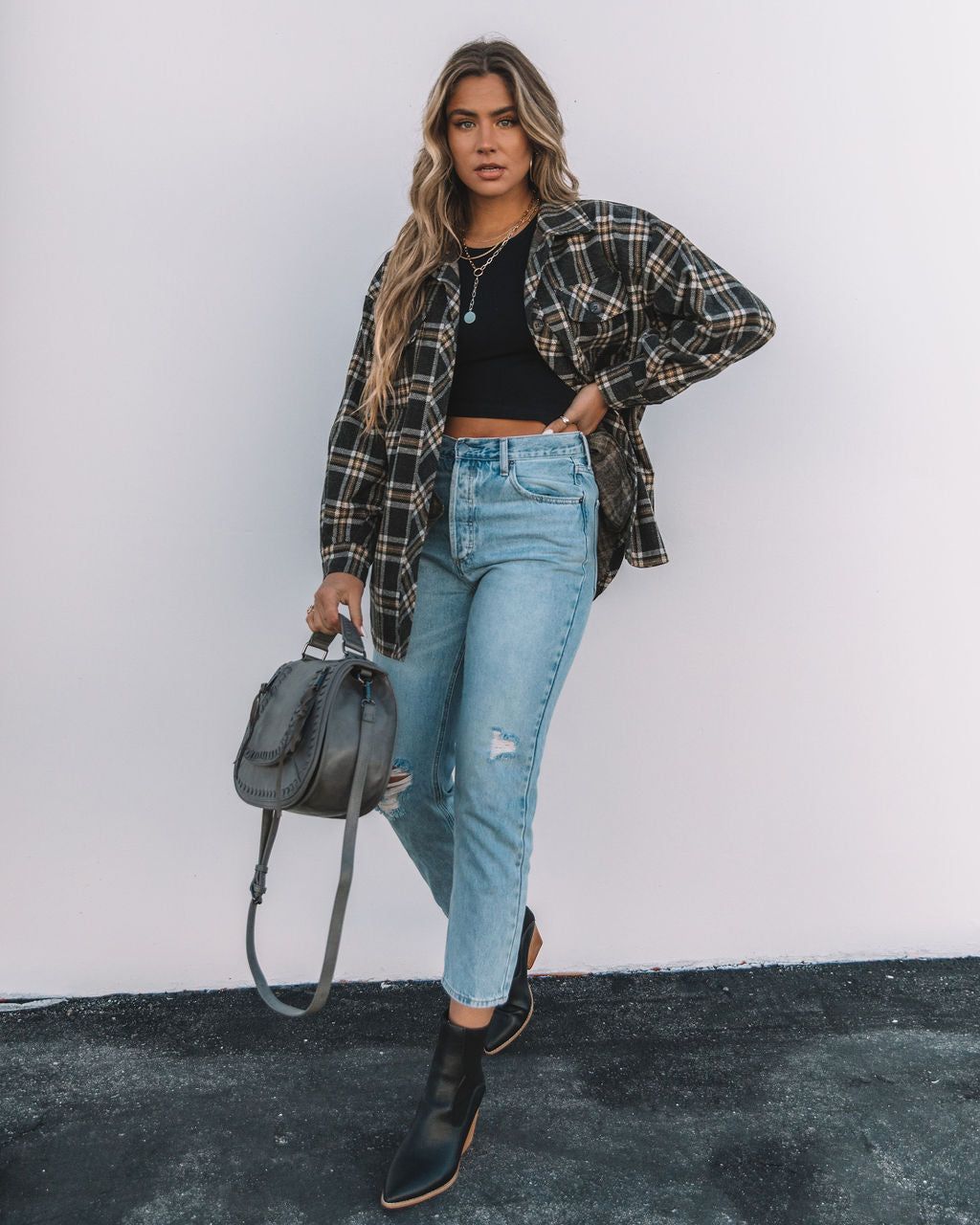 Hearst Pocketed Plaid Button Down Shacket - Charcoal - FINAL SALE sold by Vici product image thumbnail 7