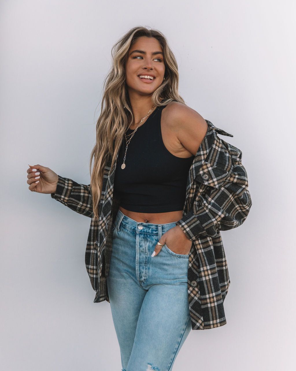 Hearst Pocketed Plaid Button Down Shacket - Charcoal - FINAL SALE sold by Vici product image thumbnail 3