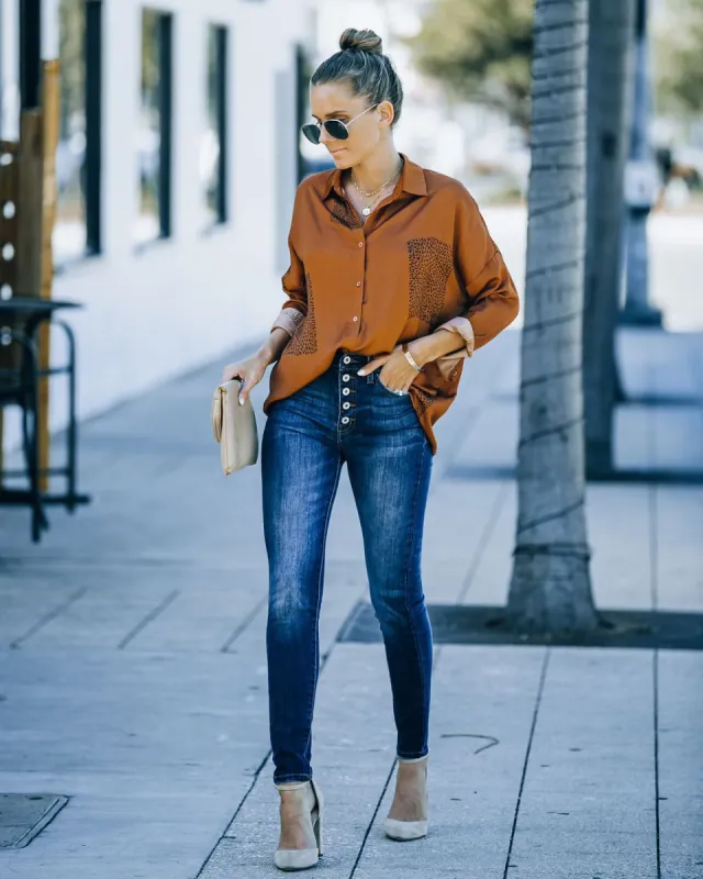 Ellowyn Printed Satin Button Down Blouse - Spice - FINAL SALE sold by Vici