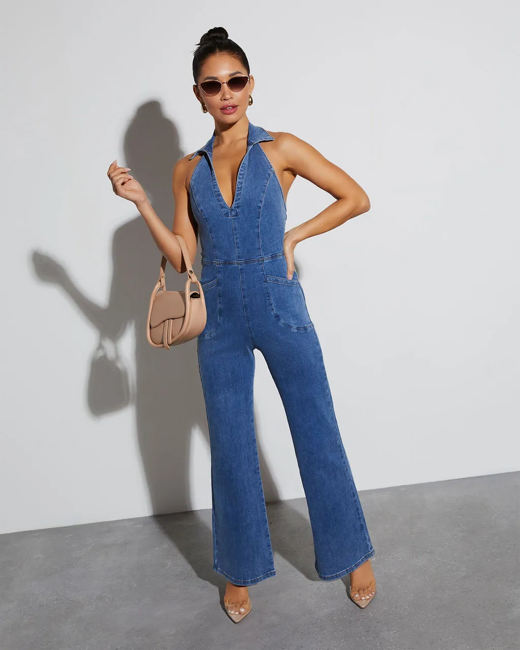 Ali Halter Denim Jumpsuit sold by Vici