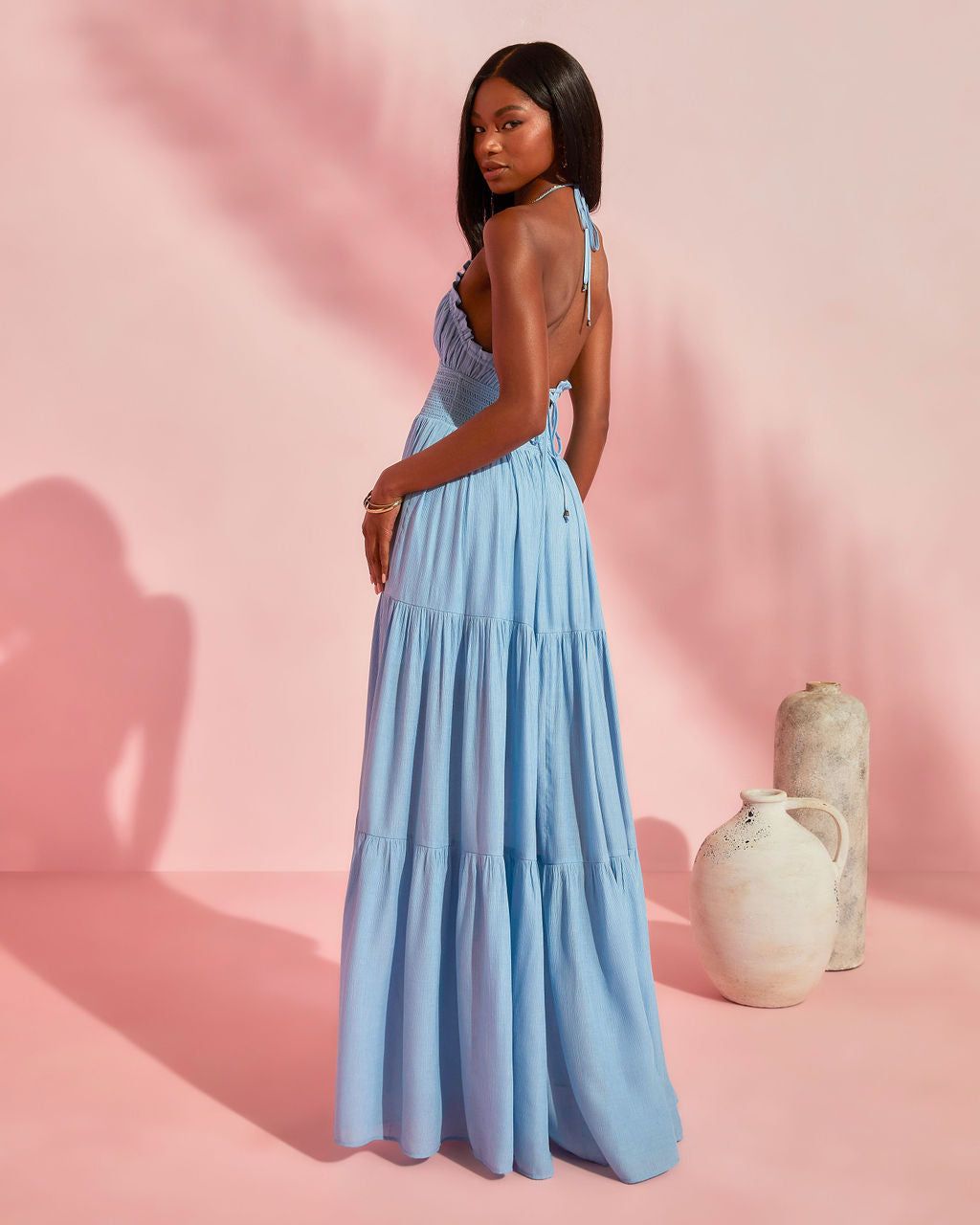 Whisked Away Smocked Halter Pocketed Tiered Maxi Dress - Light Blue - FINAL SALE sold by Vici product image thumbnail 5