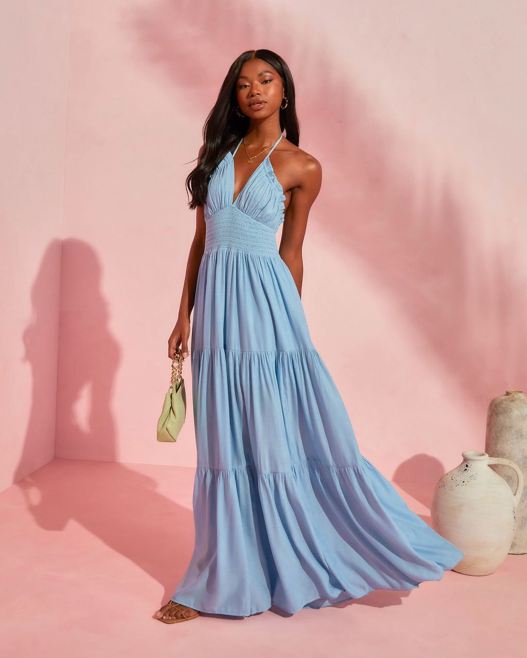 Whisked Away Smocked Halter Pocketed Tiered Maxi Dress - Light Blue - FINAL SALE sold by Vici product image thumbnail 6