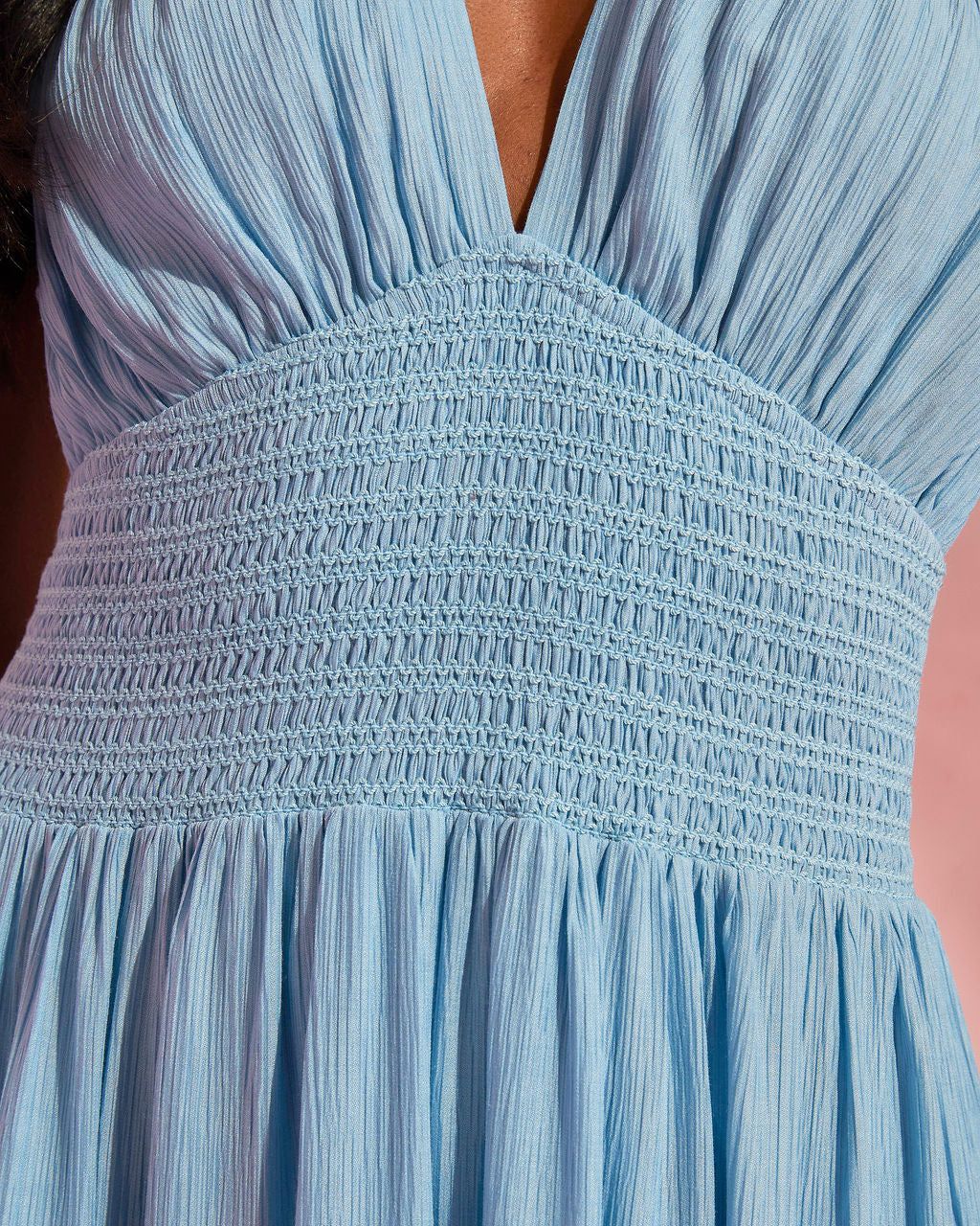 Whisked Away Smocked Halter Pocketed Tiered Maxi Dress - Light Blue - FINAL SALE sold by Vici product image thumbnail 3