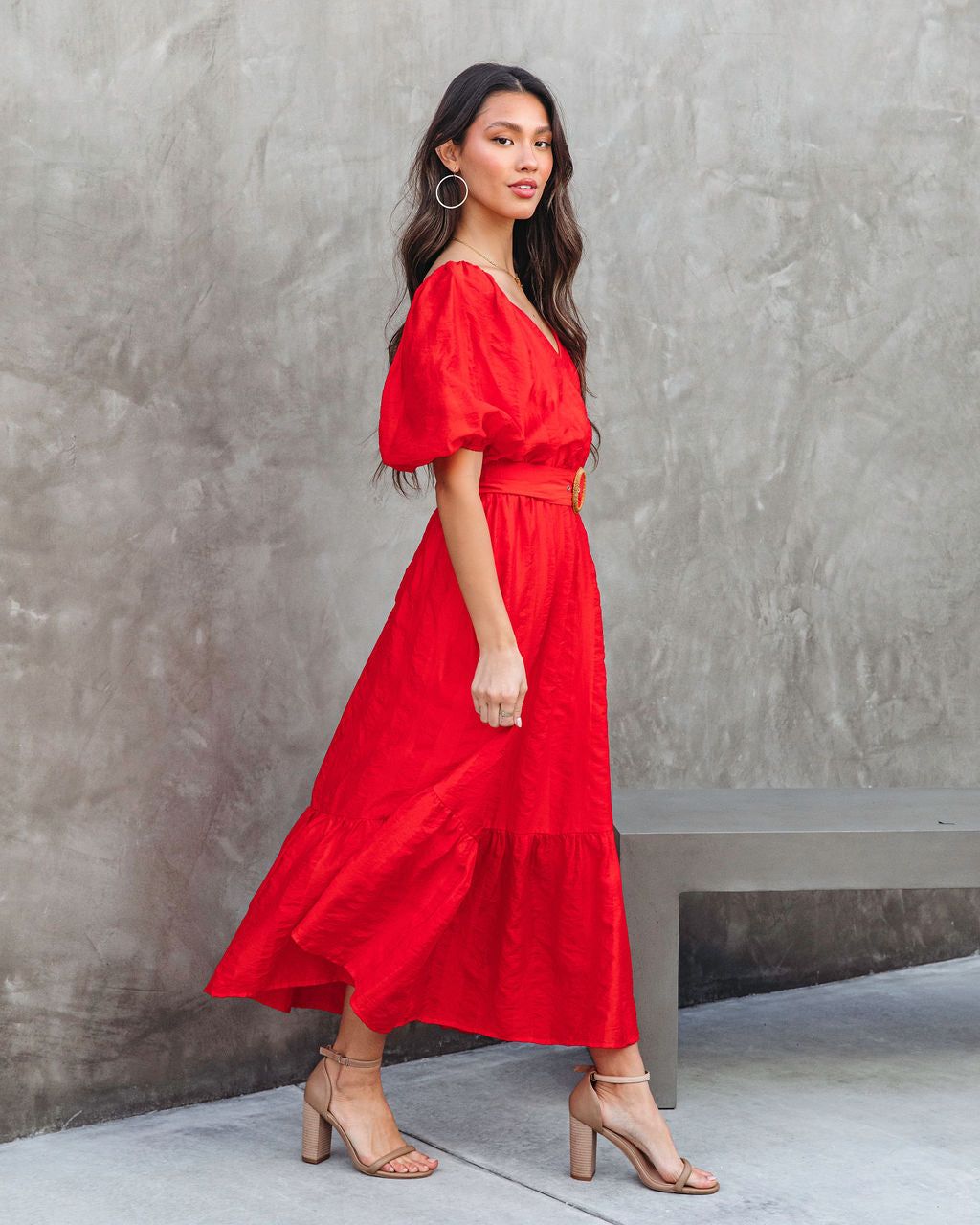Under The Tuscan Sun Puff Sleeve Belted Midi Dress - Red - FINAL SALE sold by Vici product image thumbnail 4