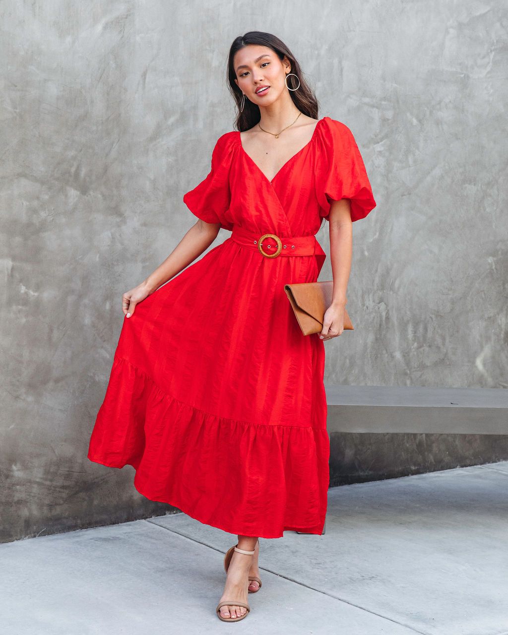Under The Tuscan Sun Puff Sleeve Belted Midi Dress - Red - FINAL SALE sold by Vici product image thumbnail 7
