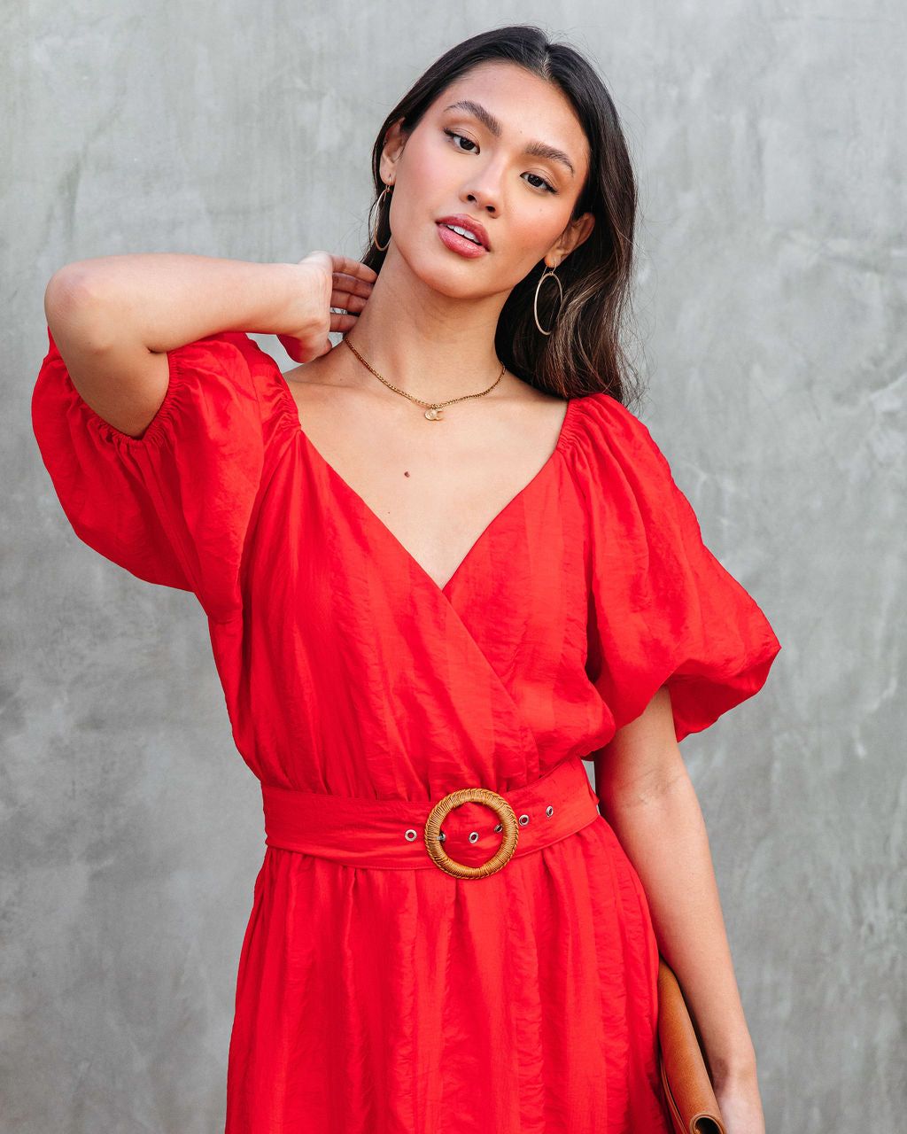 Under The Tuscan Sun Puff Sleeve Belted Midi Dress - Red - FINAL SALE sold by Vici product image thumbnail 6