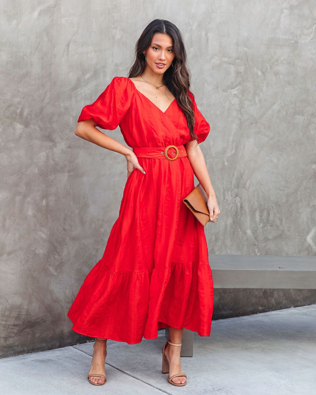 Under The Tuscan Sun Puff Sleeve Belted Midi Dress - Red - FINAL SALE sold by Vici
