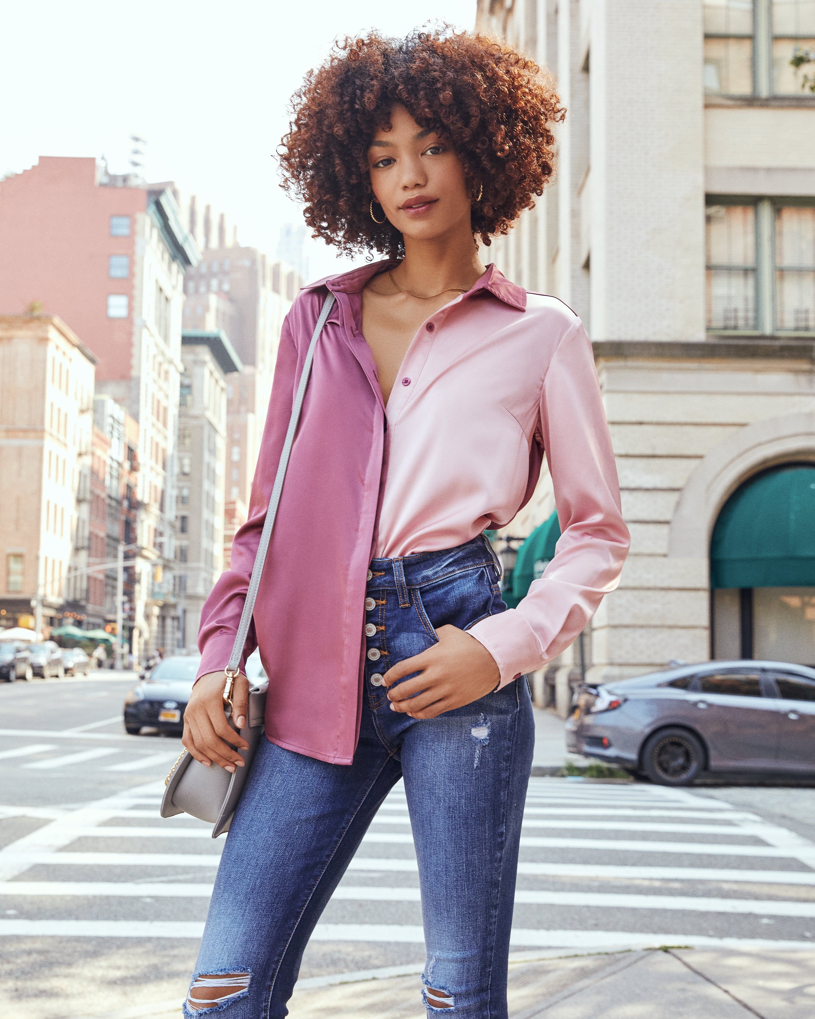 Macy Satin Colorblock Button Down Blouse - Pink - FINAL SALE sold by Vici