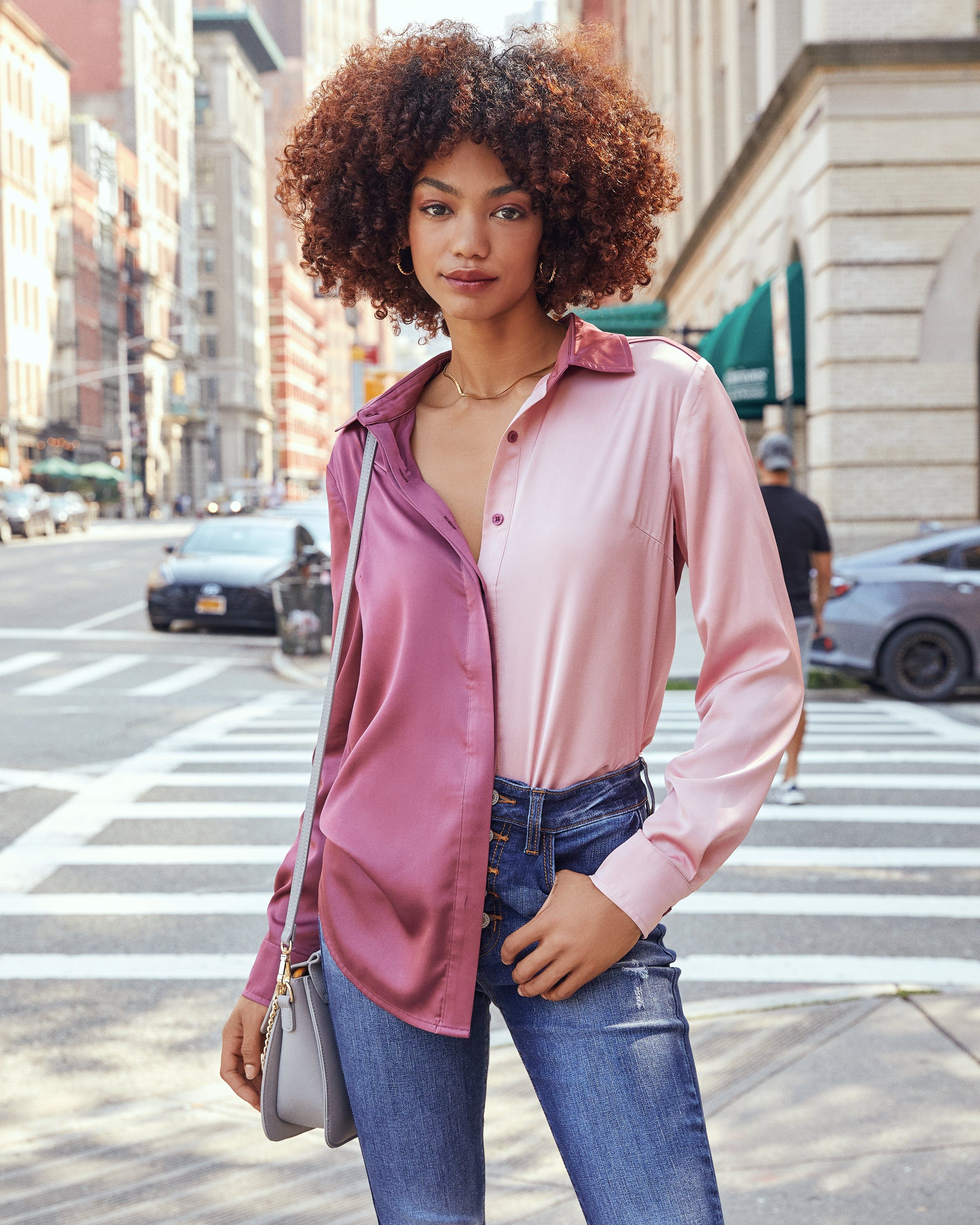 Macy Satin Colorblock Button Down Blouse - Pink - FINAL SALE sold by Vici product image thumbnail 5