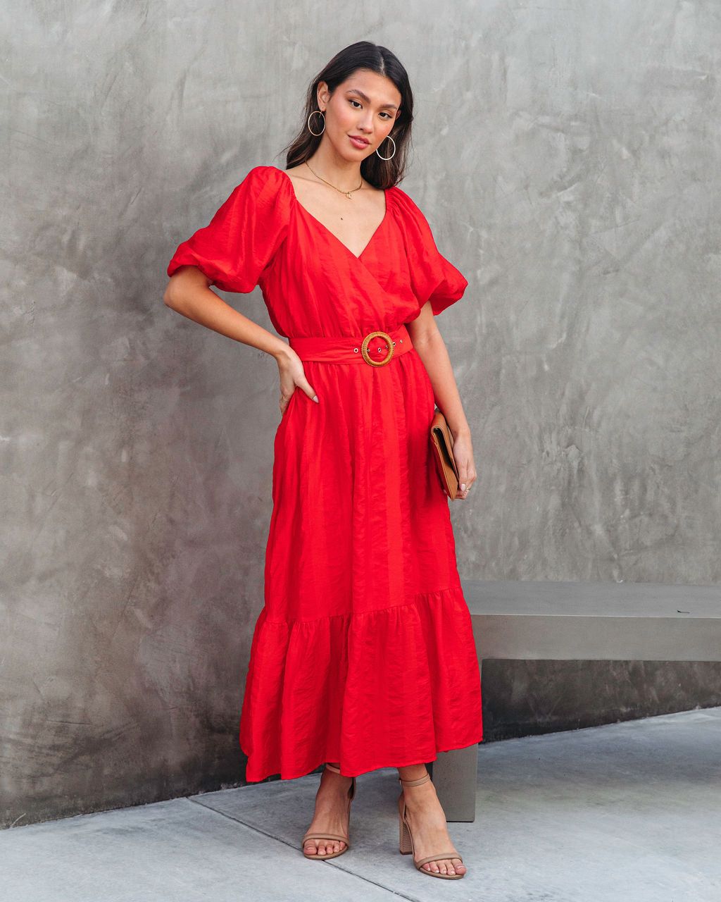 Under The Tuscan Sun Puff Sleeve Belted Midi Dress - Red - FINAL SALE sold by Vici product image thumbnail 3