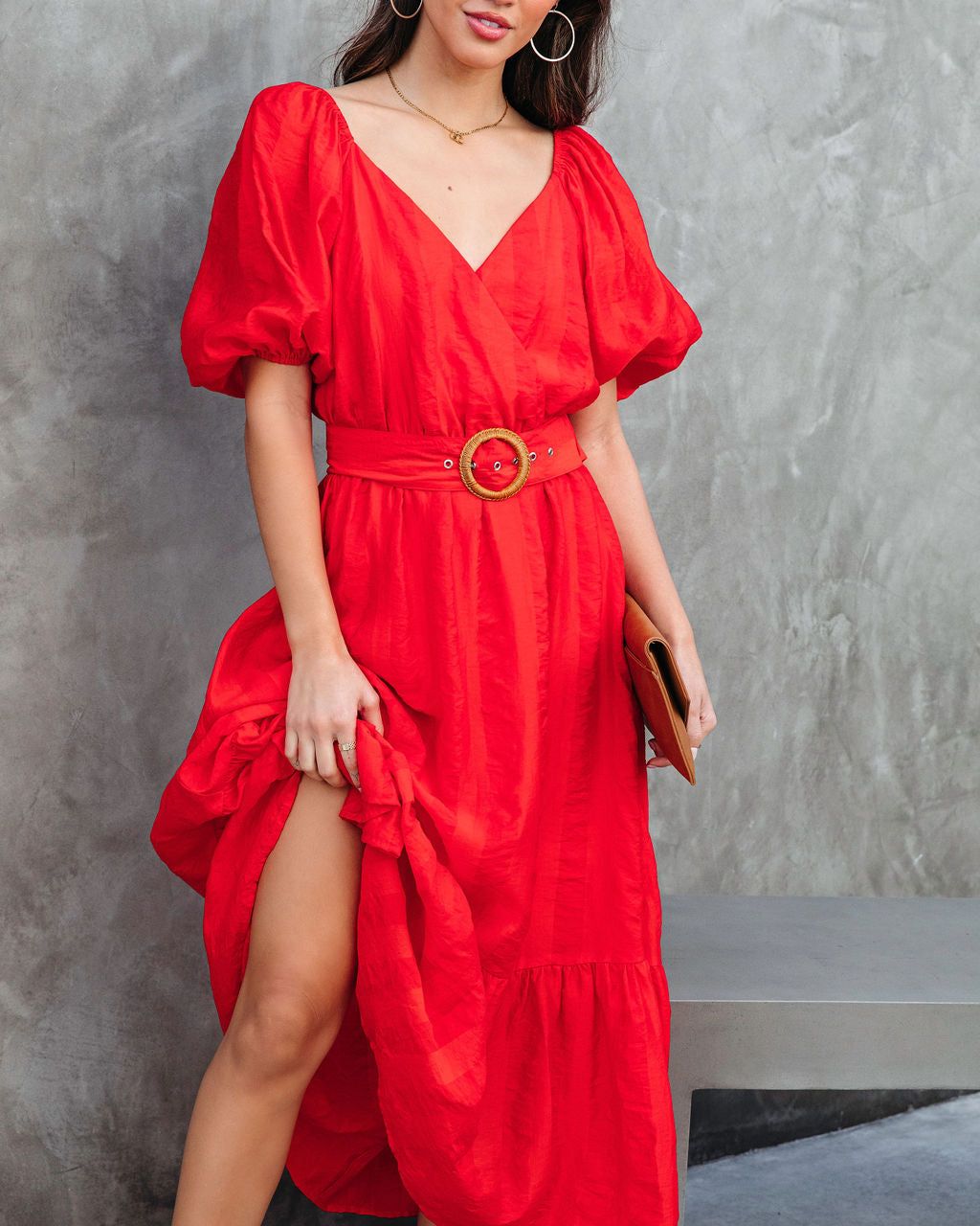 Under The Tuscan Sun Puff Sleeve Belted Midi Dress - Red - FINAL SALE sold by Vici product image thumbnail 2