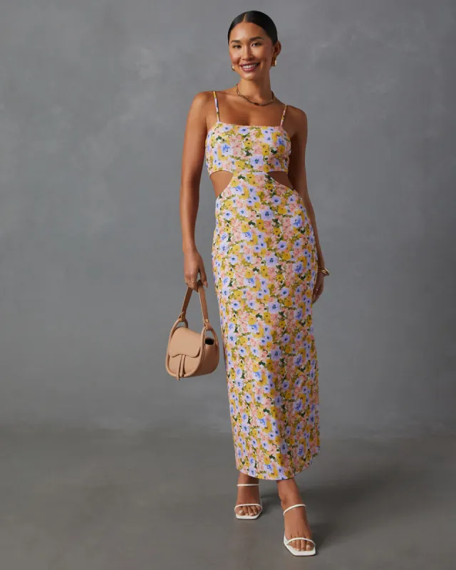Skylar Side Cutout Floral Print Midi Dress sold by Vici
