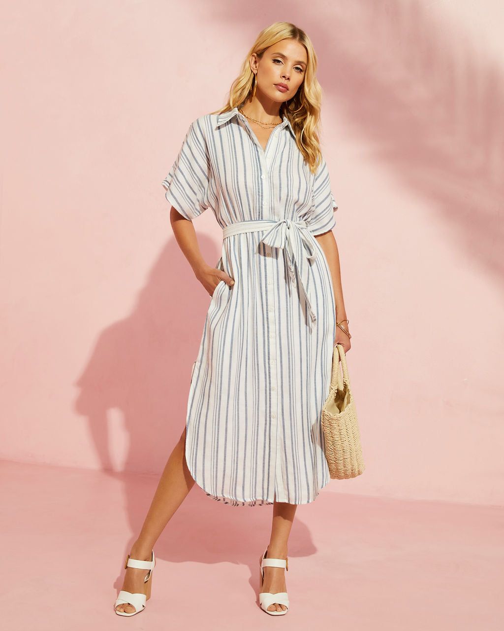 Douglas Striped Cotton Midi Dress - White/Blue sold by Vici