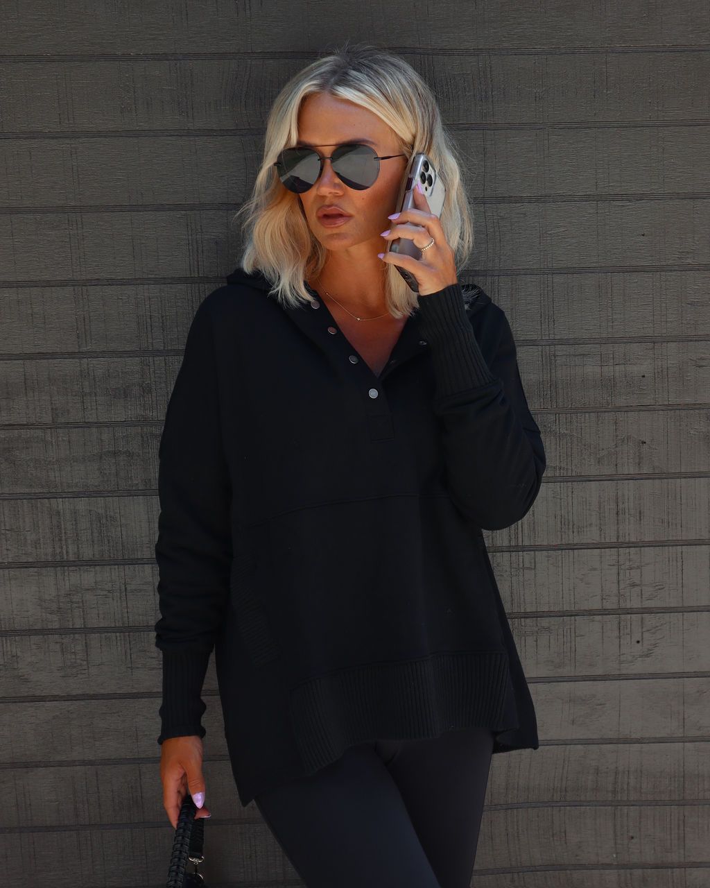 Mindful Cotton Pocketed Henley Hoodie - Black sold by Vici